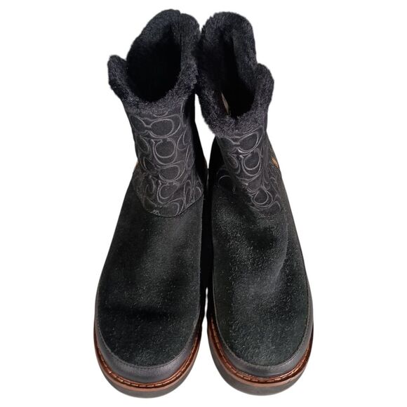 Coach Boots 7 Womens Black Signature Isa Suede Snow Flat Round Toe Low Comfort - Picture 2 of 12